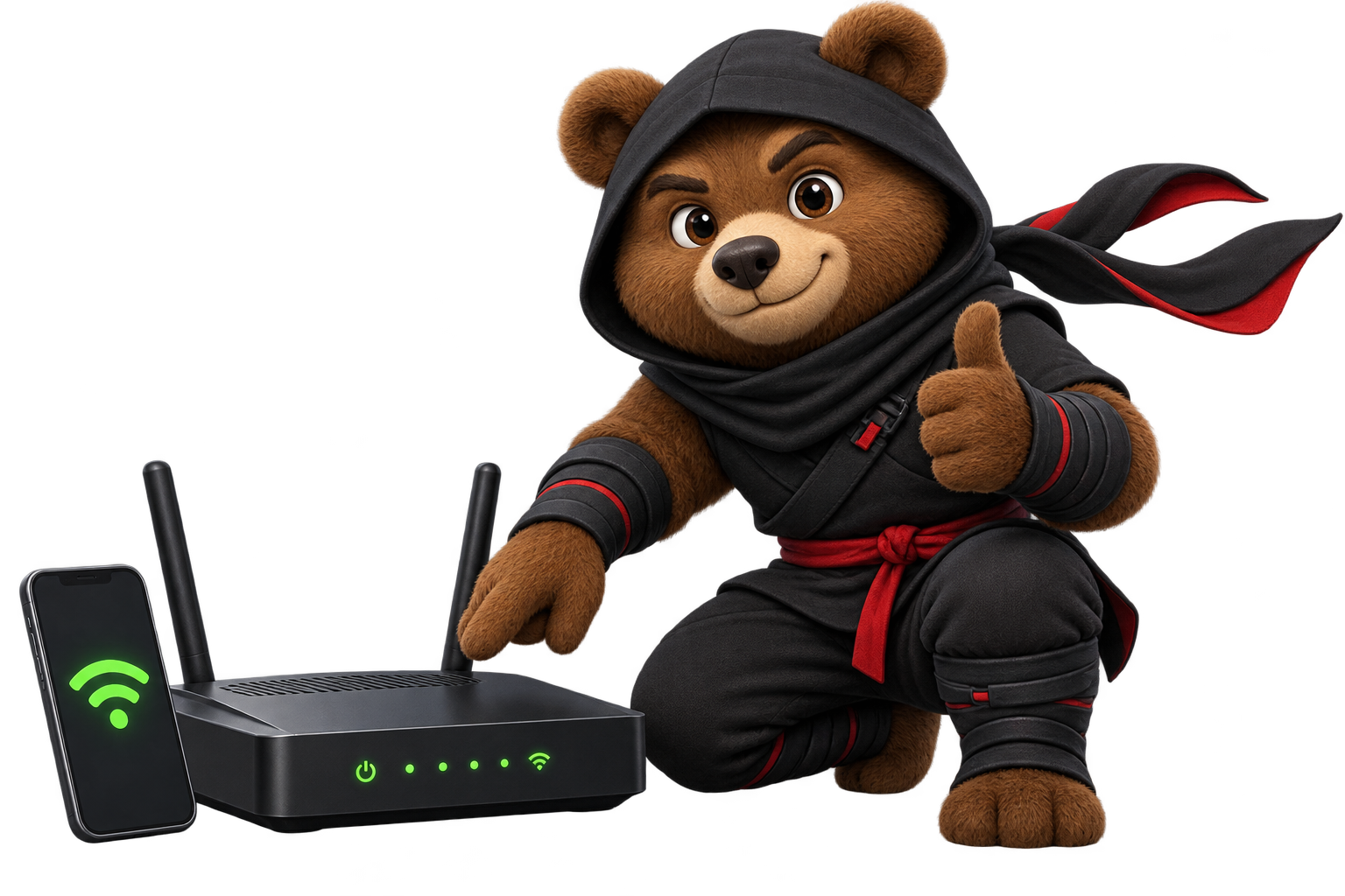 Медведь пытается восстановить оборванное VPN-соединение рядом с отключённым роутером