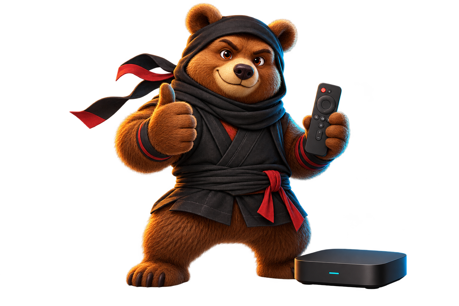 Медведь-ниндзя с пультом и приставкой Android TV показывает палец вверх